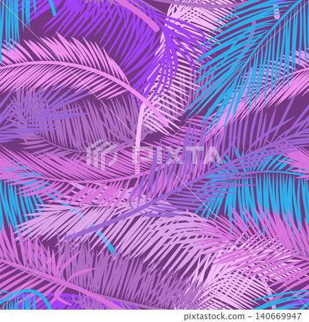 Pink and violet leaves palm tree on dark background. Beautiful seamless tropical floral pattern background. Vector pattern for print design, wallpaper, site backgrounds, postcard, textile, fabric. Pink and violet leaves palm tree on dark background. Beautiful seamless tropical floral pattern background. Vector pattern for print design, wallpaper, site backgrounds, postcard, textile, fabric. 140669947