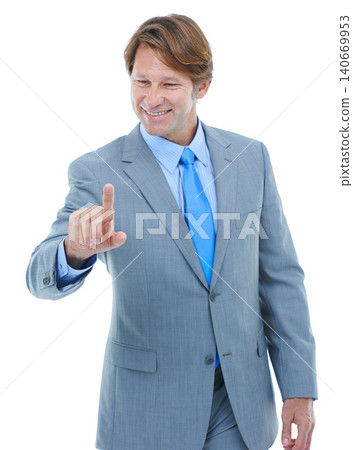 Happy businessman, pointing and touch with interface or interaction on a white studio background. Mature man or male person with finger on selection, choice or decision and invisible mockup space 140669953