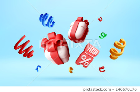 3D gift box with red ribbon and discount coupon 3D gift box with red ribbon and discount coupon 140670176