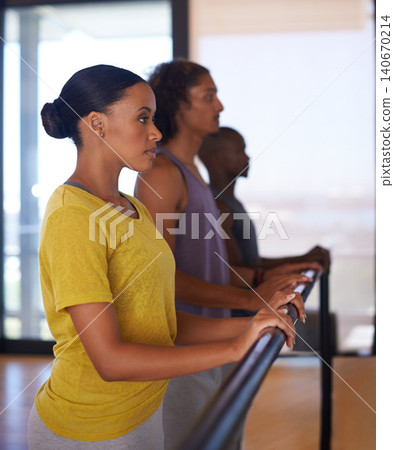 Ready, studio and profile of people in dance school for training, rehearsal or learning technique with partners. Instructor, trainer or students for dancing, barre or together for performance 140670214