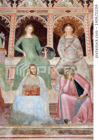Philosophy-Aristotle, Holy Scriptures-St. Jerome, Sacred Sciences and Liberal arts, detail of the Triumph of St. Thomas Aquinas, fresco by Andrea di Buonaiuto, Spanish Chapel in Santa Maria Novella Philosophy-Aristotle, Holy Scriptures-St. Jerome, Sacred Sciences and Liberal arts, detail of the Triumph of St. Thomas Aquinas, fresco by Andrea di Buonaiuto, Spanish Chapel in Santa Maria Novella 140670284