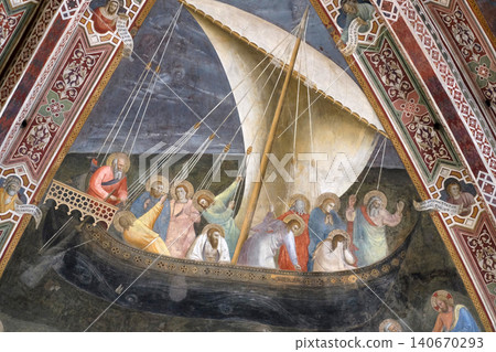 Voyage of Saint Peter, Fresco by Andrea de Buonaiuto, on the ceiling of the Cappellone degli Spagnoli in Santa Maria Novella Principal Dominican church in Florence, Italy Voyage of Saint Peter, Fresco by Andrea de Buonaiuto, on the ceiling of the Cappellone degli Spagnoli in Santa Maria Novella Principal Dominican church in Florence, Italy 140670293