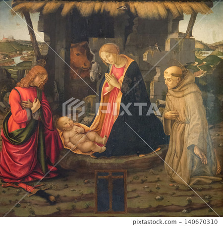 Nativity Scene with saints Julian and Francis, School of the Domenico Ghirlandaio in the Basilica di San Lorenzo in Florence, Italy Nativity Scene with saints Julian and Francis, School of the Domenico Ghirlandaio in the Basilica di San Lorenzo in Florence, Italy 140670310