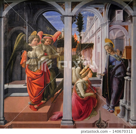 Annunciation to the Virgin Mary, work by Fra Filippo Lippi in the Basilica di San Lorenzo in Florence, Italy Annunciation to the Virgin Mary, work by Fra Filippo Lippi in the Basilica di San Lorenzo in Florence, Italy 140670311