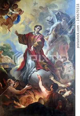 Saint Lawrence and the souls in purgatory altarpiece by Niccolo Lapi in the Basilica di San Lorenzo in Florence, Italy Saint Lawrence and the souls in purgatory altarpiece by Niccolo Lapi in the Basilica di San Lorenzo in Florence, Italy 140670318