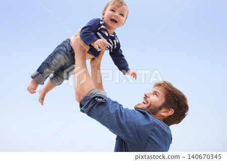 Happy, baby and smile father lift child with blue sky, family fun for excited kid with love in development and growth. Affection, man play airplane with kid outdoor for quality time game on vacation Happy, baby and smile father lift child with blue sky, family fun for excited kid with love in development and growth. Affection, man play airplane with kid outdoor for quality time game on vacation 140670345