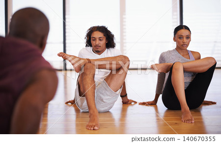 Dancer, class and people stretching legs on floor to start rehearsal together in studio or academy. Training, body and healthy exercise for fitness in creative school with yoga or pilates workout Dancer, class and people stretching legs on floor to start rehearsal together in studio or academy. Training, body and healthy exercise for fitness in creative school with yoga or pilates workout 140670355