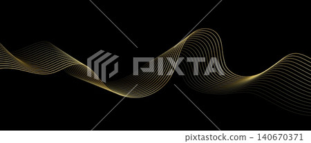 Golden line wave flow on black background. Luxury elegant wavy ribbon background features thin golden lines for product packaging, fashion event backdrops or cosmetic website banners Golden line wave flow on black background. Luxury elegant wavy ribbon background features thin golden lines for product packaging, fashion event backdrops or cosmetic website banners 140670371