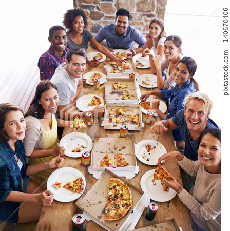 Group, friends and party with pizza, diversity and high angle for joy or celebration for youth. Men, women and fast food with drink, social gathering and snack for lunch or eating at italian pizzeria Group, friends and party with pizza, diversity and high angle for joy or celebration for youth. Men, women and fast food with drink, social gathering and snack for lunch or eating at italian pizzeria 140670406