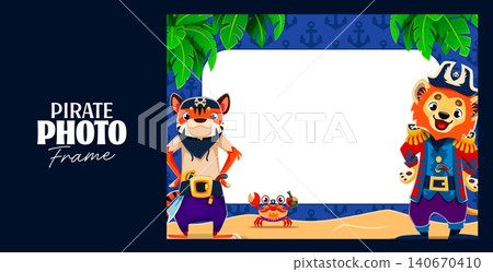 Tiger, lion captain and crab corsair animal pirates on kids photo frame. Cartoon tiger pirate with sword, lion captain in tricorn hat and tiny crab corsair on sandy beach Tiger, lion captain and crab corsair animal pirates on kids photo frame. Cartoon tiger pirate with sword, lion captain in tricorn hat and tiny crab corsair on sandy beach 140670410