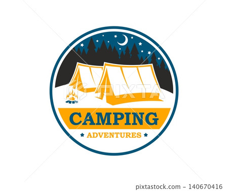 Forest camping tent and campfire icon or camp adventure for scout camper patch. Camping badge for hiking or mountaineering with cabin tent and fire wood, summer outdoor park camp or campsite badge Forest camping tent and campfire icon or camp adventure for scout camper patch. Camping badge for hiking or mountaineering with cabin tent and fire wood, summer outdoor park camp or campsite badge 140670416
