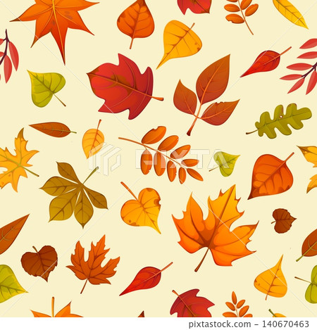 Autumn leaves seamless pattern, fall season foliage background. Autumn fall vector seamless print, fabric seasonal pattern with marple, acacia, birch and chestnut tree yellow and orange fallen leaves Autumn leaves seamless pattern, fall season foliage background. Autumn fall vector seamless print, fabric seasonal pattern with marple, acacia, birch and chestnut tree yellow and orange fallen leaves 140670463