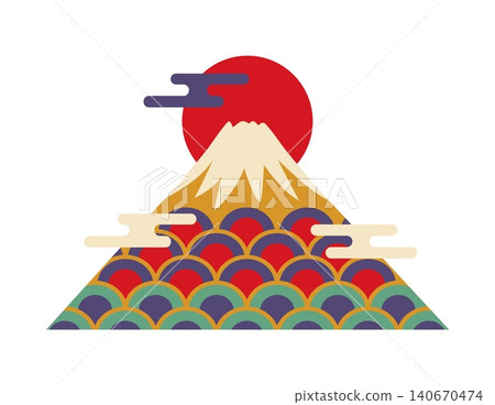 Traditional Japanese Mount Fuji icon with large red rising sun and stylized clouds. Festive geometric mountain design featuring colorful seigaiha wave pattern for Asian holiday greeting cards Traditional Japanese Mount Fuji icon with large red rising sun and stylized clouds. Festive geometric mountain design featuring colorful seigaiha wave pattern for Asian holiday greeting cards 140670474