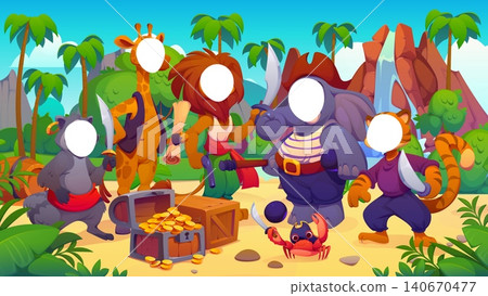 Cartoon animal pirate characters photobooth frame or corsairs photo booth with cutout face holes. Funny lion captain, elephant sailor and giraffe boatswain, Caribbean pirate animals photo booth frame Cartoon animal pirate characters photobooth frame or corsairs photo booth with cutout face holes. Funny lion captain, elephant sailor and giraffe boatswain, Caribbean pirate animals photo booth frame 140670477