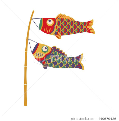 Cartoon Japanese koinobori carp streamers with two colorful fish kites. Red and purple flying kites hanging from bamboo pole for Children Day greeting cards and Japanese cultural festivals 140670486