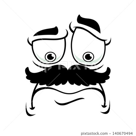 Cartoon sad face with droopy eyes, large thick mustache and wide frowning mouth. Funny face with unhappy emotion for mental health awareness illustrations and social media reaction emoji 140670494