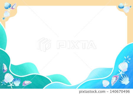 夏季藍色大海和沙灘的插圖邊框（橫向） 140670496