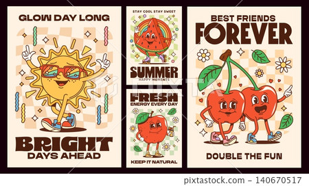 Cartoon Y2K groovy hippie funky posters with smiling sun, watermelon, apple and cherry mascots. Retro summer poster templates with groovy cartoon characters, kids apparel print and party flyers Cartoon Y2K groovy hippie funky posters with smiling sun, watermelon, apple and cherry mascots. Retro summer poster templates with groovy cartoon characters, kids apparel print and party flyers 140670517