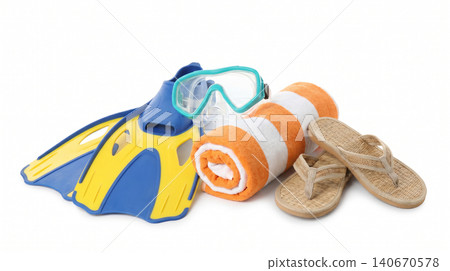 Snorkeling gear and beach essentials for tropical vacation with snorkeling flippers vacation swimming equipment activity underwater tropical recreation adventure colorful footwear isolated 140670578