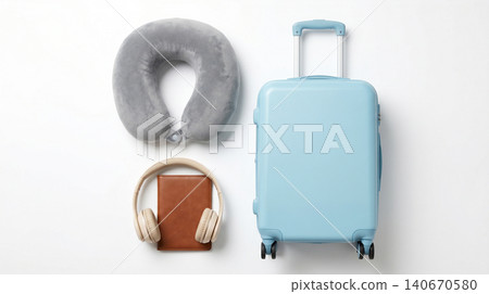 Travel essentials with light blue suitcase and neck pillow suitcase headphones passport vacation departure adventure traveler prepared accessories electronics boarding document identity Travel essentials with light blue suitcase and neck pillow suitcase headphones passport vacation departure adventure traveler prepared accessories electronics boarding document identity 140670580