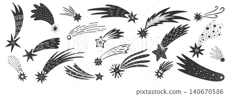 Doodle shooting space galaxy stars, falling meteors and comets with trails falling black silhouettes. Cosmic galaxy hand drawn meteorite traces isolated symbols. Streaks of light and energy in motion Doodle shooting space galaxy stars, falling meteors and comets with trails falling black silhouettes. Cosmic galaxy hand drawn meteorite traces isolated symbols. Streaks of light and energy in motion 140670586
