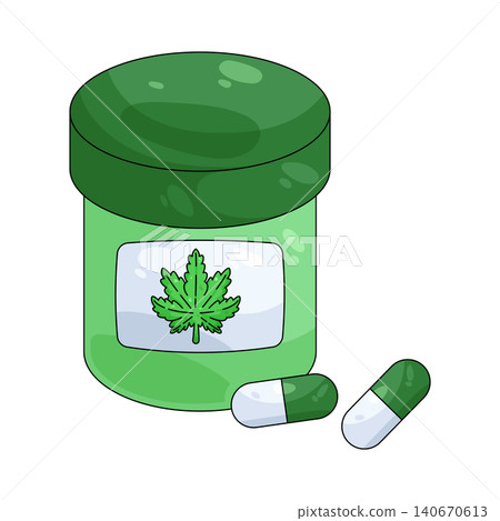 Illustration of CBD capsule bottle Illustration of CBD capsule bottle 140670613