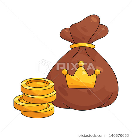 Illustration of bag of gold coins with a crown Illustration of bag of gold coins with a crown 140670663