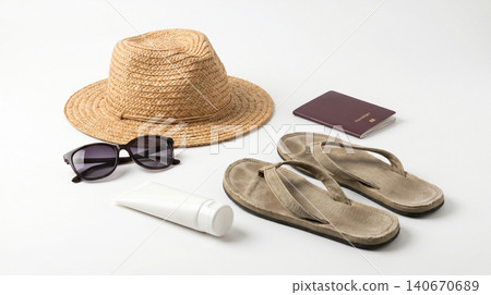 Summer vacation essentials collection with straw hat sunglasses passport and flip flops vacation essentials sunglasses flipflops passport sunscreen accessories relaxation lifestyle equipment Summer vacation essentials collection with straw hat sunglasses passport and flip flops vacation essentials sunglasses flipflops passport sunscreen accessories relaxation lifestyle equipment 140670689