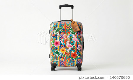 Colorful tropical print hardshell carry-on suitcase on white background with suitcase tropical hardshell vacation flamingo colorful equipment isolated background adventure traveling Colorful tropical print hardshell carry-on suitcase on white background with suitcase tropical hardshell vacation flamingo colorful equipment isolated background adventure traveling 140670690