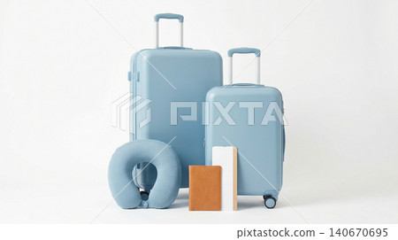Set of blue suitcases with travel neck pillow and passport organizer suitcases vacation passport organizer accessories departure minimalist collection adventure transportation traveling 140670695