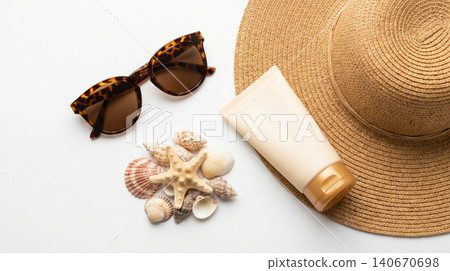 Summer beach concept with sunscreen tube straw hat sunglasses seashells sunscreen sunglasses seashells vacation skincare protection accessories cosmetics background tropical lifestyle Summer beach concept with sunscreen tube straw hat sunglasses seashells sunscreen sunglasses seashells vacation skincare protection accessories cosmetics background tropical lifestyle 140670698
