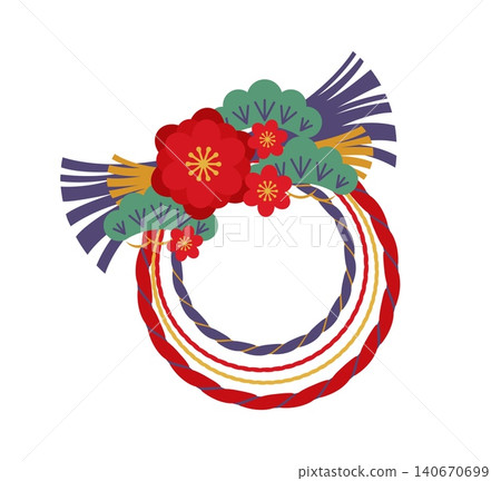 Japanese wreath shimenawa or New Year holiday decoration in Japan culture. Shimenawa wreath ornament with Japanese quince flowers and pine tree with rice straw twist for ceremonial ritual symbol Japanese wreath shimenawa or New Year holiday decoration in Japan culture. Shimenawa wreath ornament with Japanese quince flowers and pine tree with rice straw twist for ceremonial ritual symbol 140670699