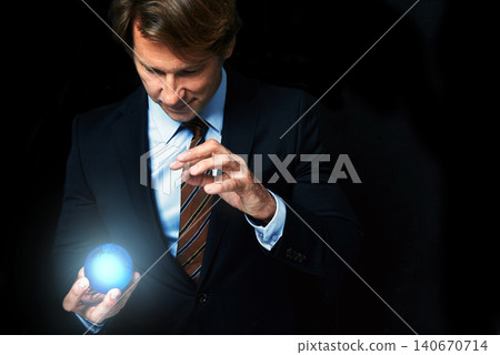 Businessman, globe and hologram for networking, global expansion and worldwide innovation in studio. Futuristic crystal, magic and professional man on black background, tech and connect for economy Businessman, globe and hologram for networking, global expansion and worldwide innovation in studio. Futuristic crystal, magic and professional man on black background, tech and connect for economy 140670714