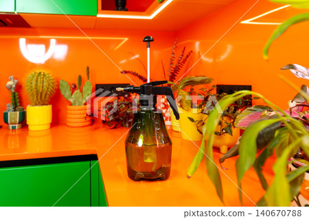 Plant Mister Bottle On Colorful Indoor Garden Shelf Plant Mister Bottle On Colorful Indoor Garden Shelf 140670788