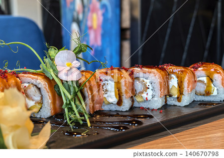 Premium Salmon Sushi Roll Served In Restaurant Premium Salmon Sushi Roll Served In Restaurant 140670798