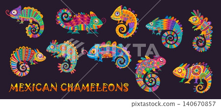 Mexican chameleon animal characters, cartoon Mexico traditional alebrije lizard mascots. Funny colorful chameleons with mexican folk art floral patterns of talavera flowers and geometric ornaments Mexican chameleon animal characters, cartoon Mexico traditional alebrije lizard mascots. Funny colorful chameleons with mexican folk art floral patterns of talavera flowers and geometric ornaments 140670857