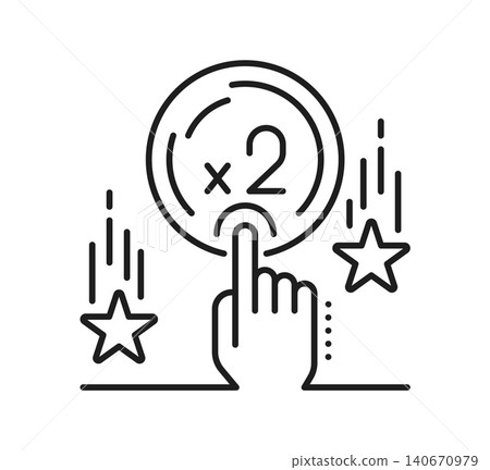 Loyalty program exclusive benefit icon showing hand pressing button with two falling stars on both sides. Clean linear symbol of bonus reward activation. Line icon for retail loyalty apps Loyalty program exclusive benefit icon showing hand pressing button with two falling stars on both sides. Clean linear symbol of bonus reward activation. Line icon for retail loyalty apps 140670979