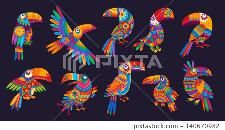 Mexican toucan birds characters with Mexico traditional flowers pattern. Cartoon funny tropical toco toucan birds set with mexican folk ornaments of talavera vivid color geometric shapes ornaments 140670982