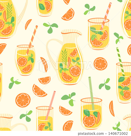 Orange lemonade vector seamless pattern. Ribbed pitcher and glasses of citrus juice, orange slices, mint and striped straws on light background. Summer beverage repeat tile. Refreshing drinks design Orange lemonade vector seamless pattern. Ribbed pitcher and glasses of citrus juice, orange slices, mint and striped straws on light background. Summer beverage repeat tile. Refreshing drinks design 140671002