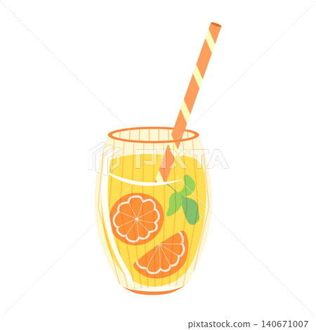 Orange juice vector illustration. Ribbed glass with yellow drink, citrus slices, mint leaves and striped straw isolated on white background. Summer beverage clipart for food blog, menu, cafe design 140671007