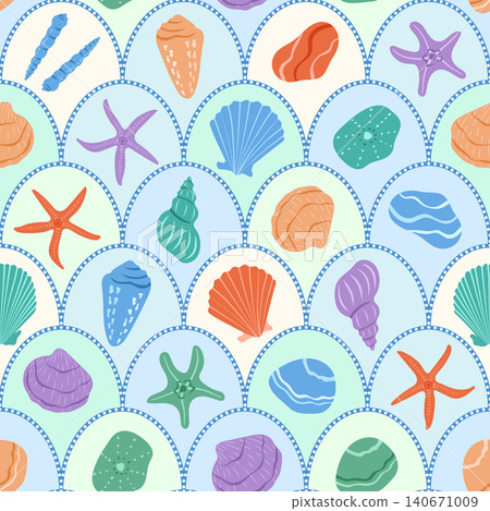 Underwater scallop vector seamless pattern. Colorful marine repeat tile with seashells, starfish on light blue geometric dotted scallop background. Playful coastal beach design. Summer ocean vibes Underwater scallop vector seamless pattern. Colorful marine repeat tile with seashells, starfish on light blue geometric dotted scallop background. Playful coastal beach design. Summer ocean vibes 140671009