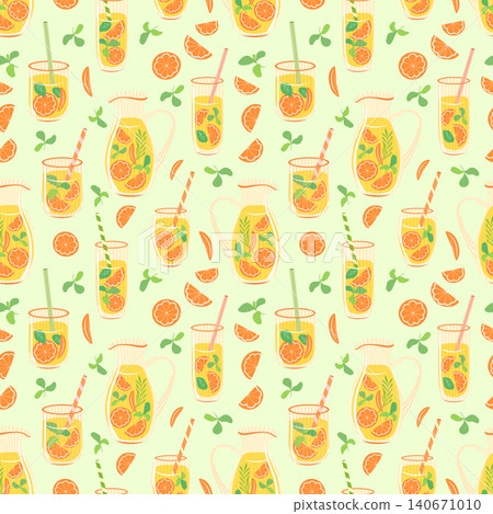Orange juice vector seamless pattern. Pitcher and glasses of citrus lemonade, orange slices, mint and striped straws on light green background. Summer beverage repeat tile. Refreshing drinks design Orange juice vector seamless pattern. Pitcher and glasses of citrus lemonade, orange slices, mint and striped straws on light green background. Summer beverage repeat tile. Refreshing drinks design 140671010