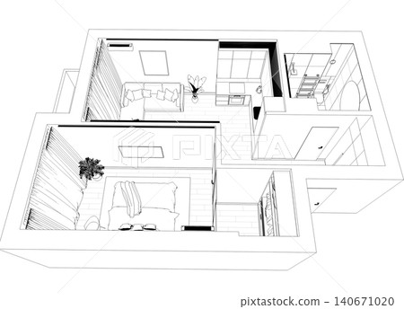 interior contour visualization, 3D illustration, sketch, outline interior contour visualization, 3D illustration, sketch, outline 140671020