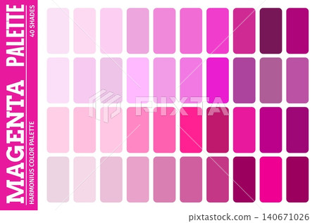 Magenta color palette collection with 40 harmonious shades ranging from light pink to vibrant magenta. Organized color swatches with coordinated tones and gradients for web design or fashion projects Magenta color palette collection with 40 harmonious shades ranging from light pink to vibrant magenta. Organized color swatches with coordinated tones and gradients for web design or fashion projects 140671026