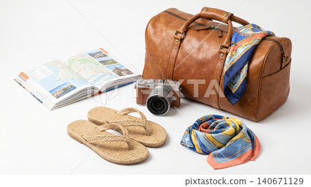 Leather travel bag camera flip flops and scarf on white background with guidebook vacation photography accessory lifestyle adventure navigation exploration isolated background vacationer 140671129
