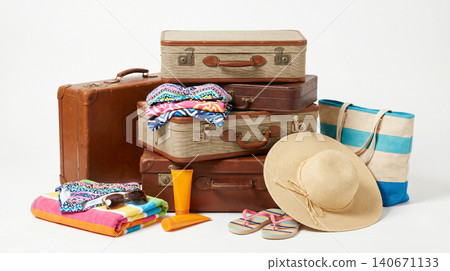 Vintage suitcases with beach clothing and travel accessories suitcases vacation antiques lifestyle adventure clothing footwear accessories colorful background isolated exploration Vintage suitcases with beach clothing and travel accessories suitcases vacation antiques lifestyle adventure clothing footwear accessories colorful background isolated exploration 140671133