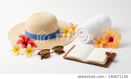 Tropical summer vacation still life with straw hat and hibiscus flowers vacation tropical notebook sunglasses hibiscus vacationing colorful lifestyle background isolated accessory Tropical summer vacation still life with straw hat and hibiscus flowers vacation tropical notebook sunglasses hibiscus vacationing colorful lifestyle background isolated accessory 140671136