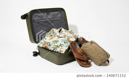Open green rolling suitcase with tropical shirt flip flops and travel pouch hard shell suitcase flipflops vacation tropical clothing adventure essential departure contents preparation Open green rolling suitcase with tropical shirt flip flops and travel pouch hard shell suitcase flipflops vacation tropical clothing adventure essential departure contents preparation 140671152