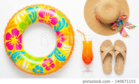 Summer beach vacation accessories flat lay with vacation tropical cocktail accessories lifestyle colorful relaxation enjoyment isolated background beverage refreshment footwear Summer beach vacation accessories flat lay with vacation tropical cocktail accessories lifestyle colorful relaxation enjoyment isolated background beverage refreshment footwear 140671155
