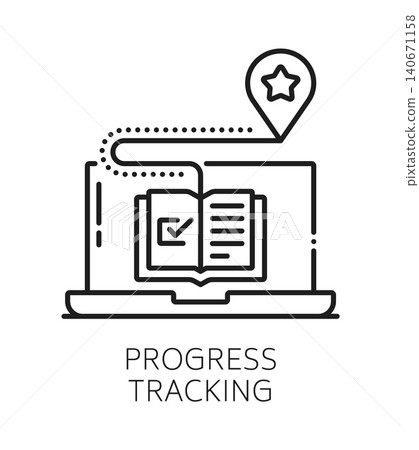 Corporate LMS progress tracing line icon. LMS software line symbol, training program innovation vector pictogram. Learning management system platform sign with laptop, book and navigation mark Corporate LMS progress tracing line icon. LMS software line symbol, training program innovation vector pictogram. Learning management system platform sign with laptop, book and navigation mark 140671158